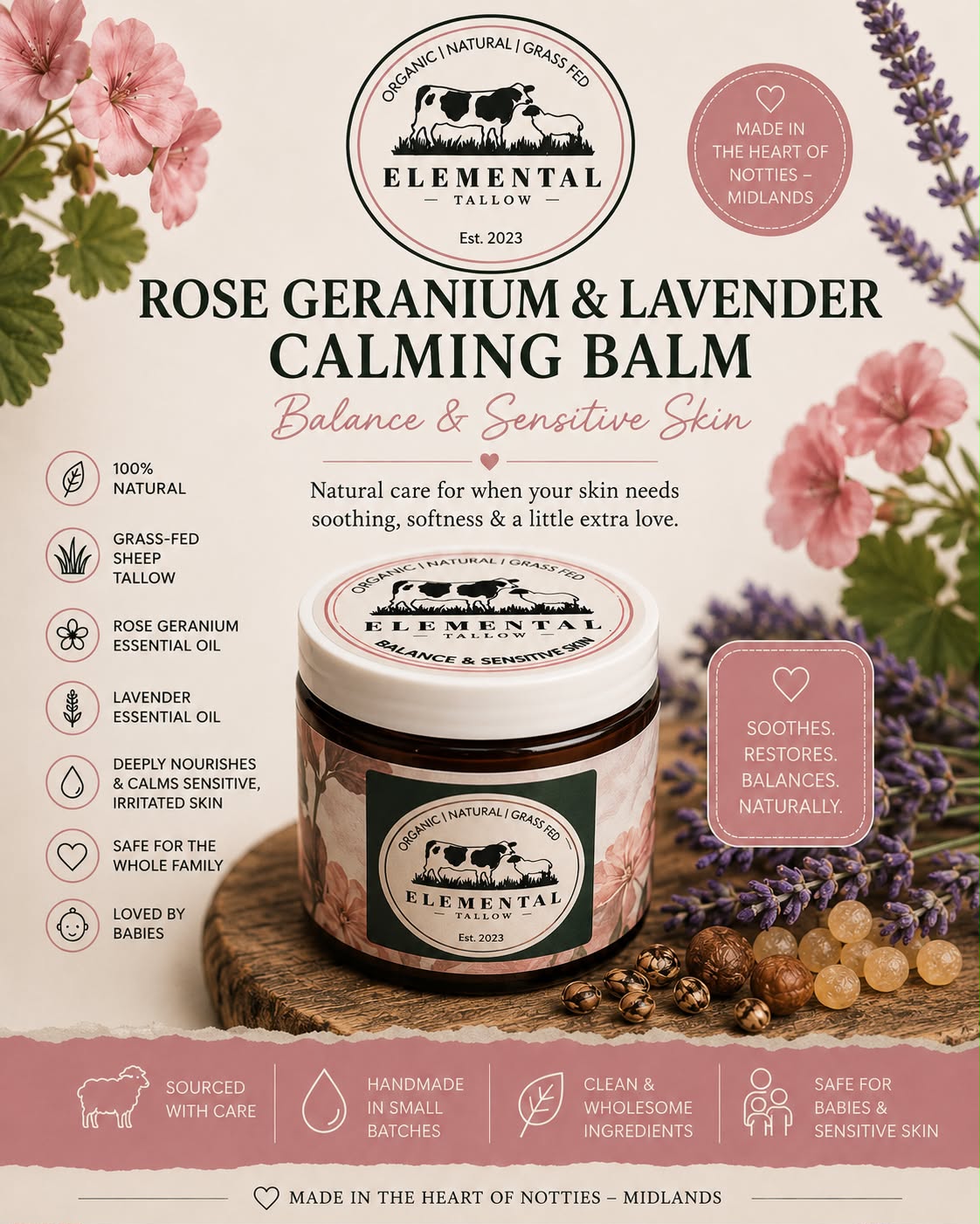 Balance & Sensitive Skin - Rose Geranium & Lavender - Sheep Tallow